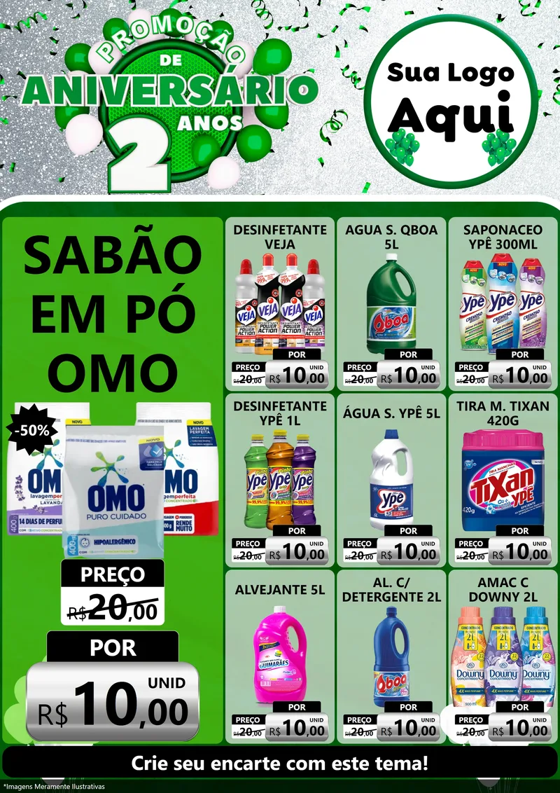 Modelo de Encarte para Encarte A4 Vertical com o tema Promoção de Aniversário - 2 Anos para Produtos de Limpeza