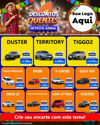 Modelo de Rede Social para Feed Instagram com o tema Descontos Quentes de Festa Junina para Concessionaria de Carros