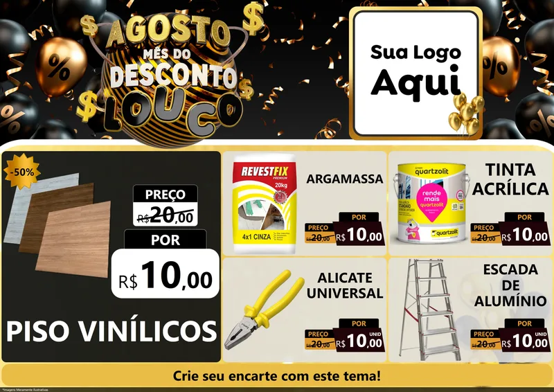Modelo de Encarte para Encarte A4 Horizontal com o tema Agosto Mês do Desconto Louco para Material para Construção