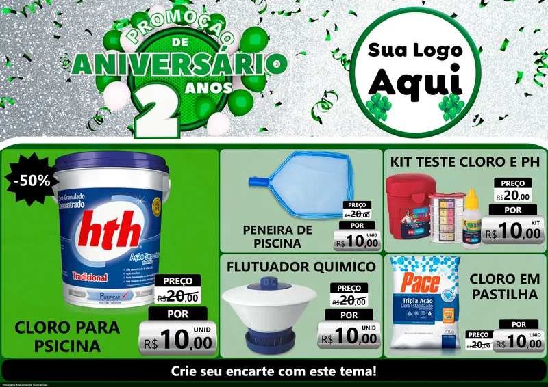 Modelo de Encarte para Encarte A4 Horizontal com o tema Promoção de Aniversário - 2 Anos para Produtos para Piscina