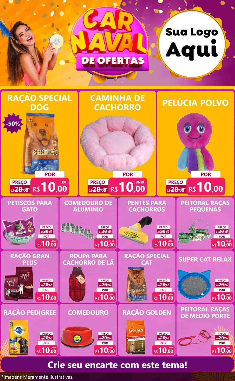 Modelo de Encarte para Encarte Grande com o tema Carnaval de Ofertas para Pet Shop