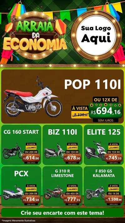 Modelo de Rede Social para Stories com o tema Arraiá de Economia para Concessionaria de Motos