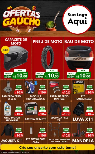 Modelo de Encarte para Encarte Grande com o tema Ofertas Dia do Gaúcho para Moto peças