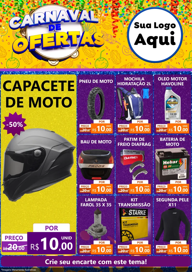 Modelo de Encarte para Encarte A4 Vertical com o tema Carnaval de Ofertas para Moto peças