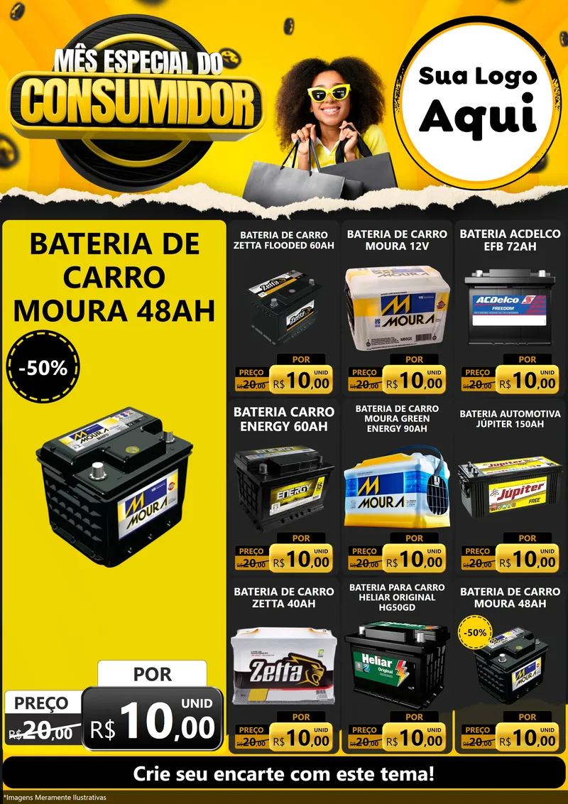 Modelo de Encarte para Encarte A4 Vertical com o tema Mês Especial do Consumidor para Baterias Elétricas