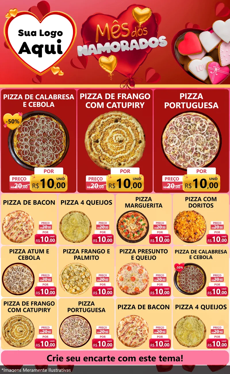 Modelo de Encarte para Encarte Grande com o tema Mês dos Namorados para Pizzaria