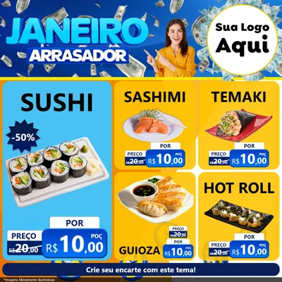 Modelo de Rede Social para Feed Facebook com o tema Janeiro Arrasador para Comida japonesa