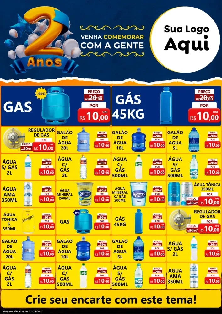 Modelo de Encarte para Encarte A4 Vertical com o tema Aniversário de 2 anos para Água e gás