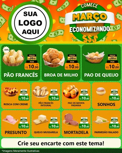 Modelo de Rede Social para Feed Instagram com o tema Comece Março Economizando para Padaria