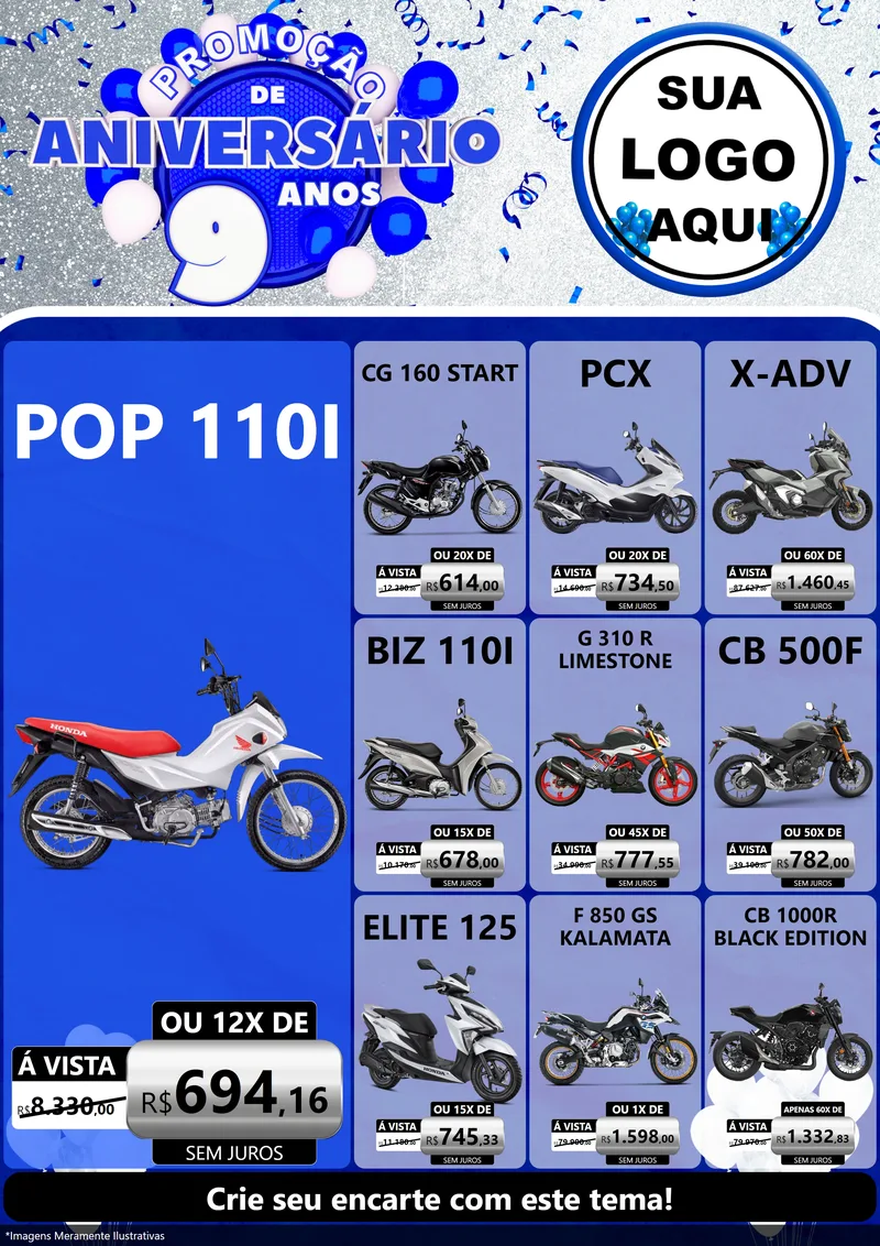 Modelo de Encarte para Encarte A4 Vertical com o tema Promoção de Aniversário - 9 Anos para Concessionaria de Motos