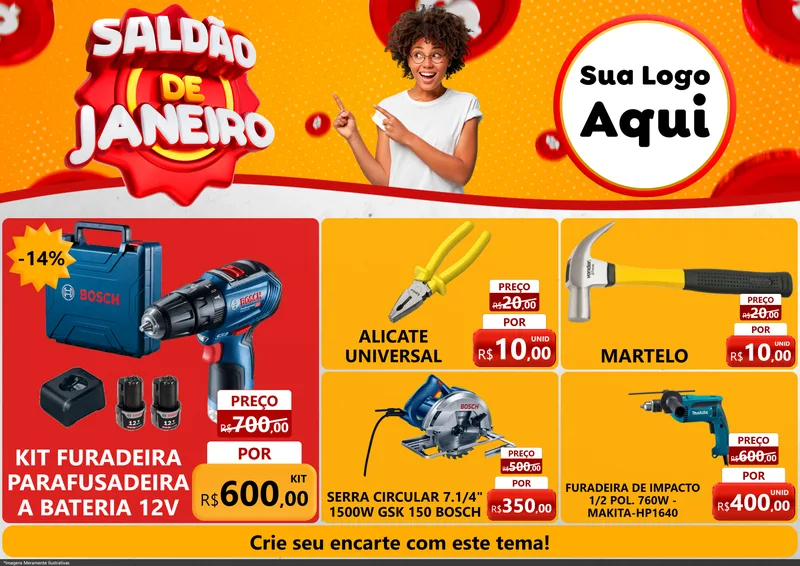 Modelo de Encarte para Encarte A4 Horizontal com o tema Saldão de Janeiro para Maquinas e Ferramentas