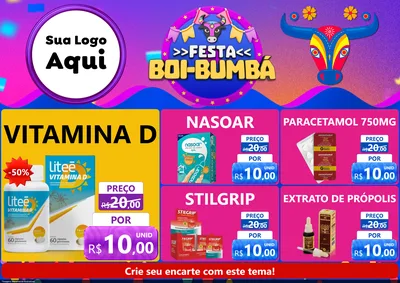 Modelo de Encarte para Encarte A4 Horizontal com o tema Festa Boi-Bumbá para Farmácia