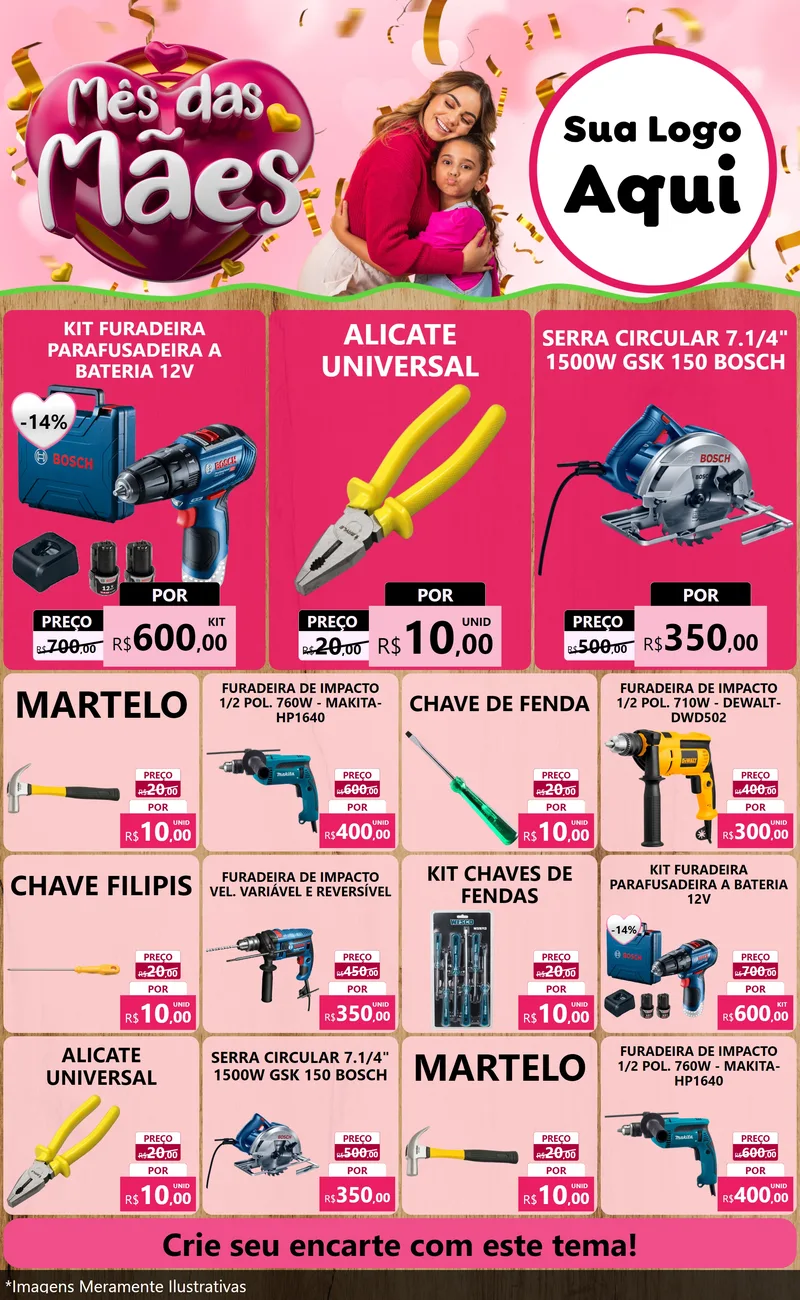 Modelo de Encarte para Encarte Grande com o tema Mês das Mães para Maquinas e Ferramentas