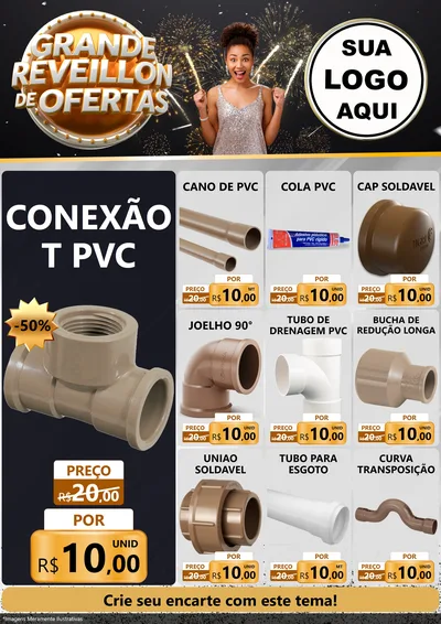 Modelo de Encarte para Encarte A4 Vertical com o tema Grande Réveillon de Ofertas para Tubos e conexões