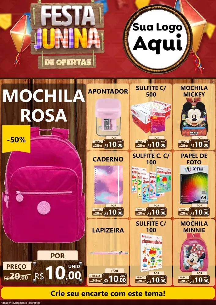 Modelo de Encarte para Encarte A4 Vertical com o tema Festa Junina de Ofertas para Papelaria
