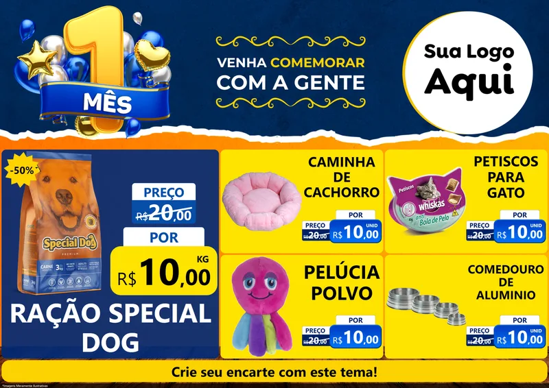 Modelo de Encarte para Encarte A4 Horizontal com o tema Um Mês de Aniversário para Pet Shop