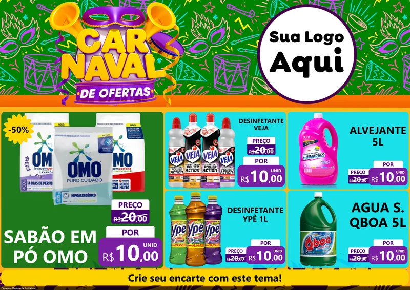 Modelo de Encarte para Encarte A4 Horizontal com o tema Carnaval de Ofertas para Produtos de Limpeza