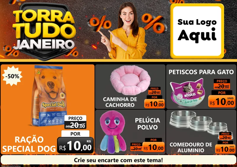 Modelo de Encarte para Encarte A4 Horizontal com o tema Torra Tudo Janeiro para Pet Shop
