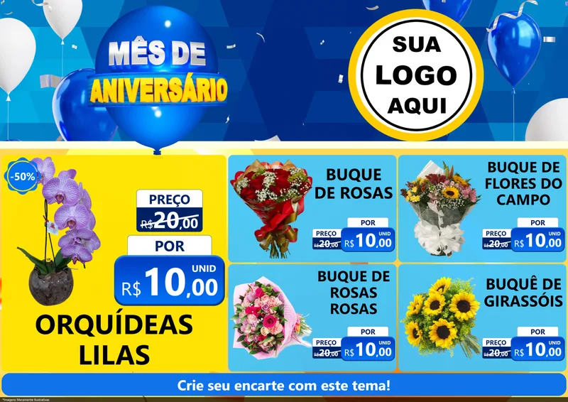 Modelo de Encarte para Encarte A4 Horizontal com o tema Mês de Aniversário para Floricultura e jardim