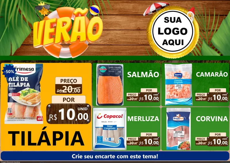 Modelo de Encarte para Encarte A4 Horizontal com o tema Verão para Peixaria