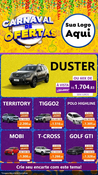 Modelo de Rede Social para Stories com o tema Carnaval de Ofertas para Concessionaria de Carros