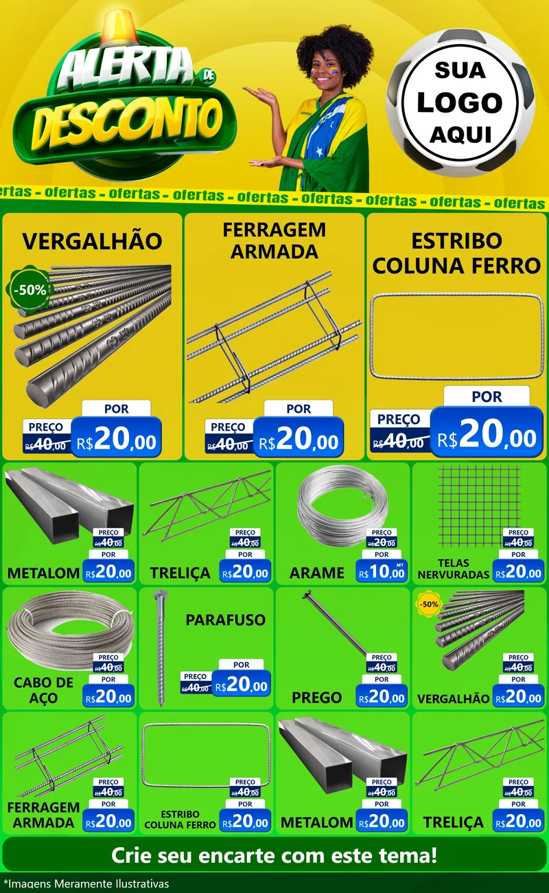 Modelo de Encarte para Encarte Grande com o tema Alerta de Desconto para Ferragens