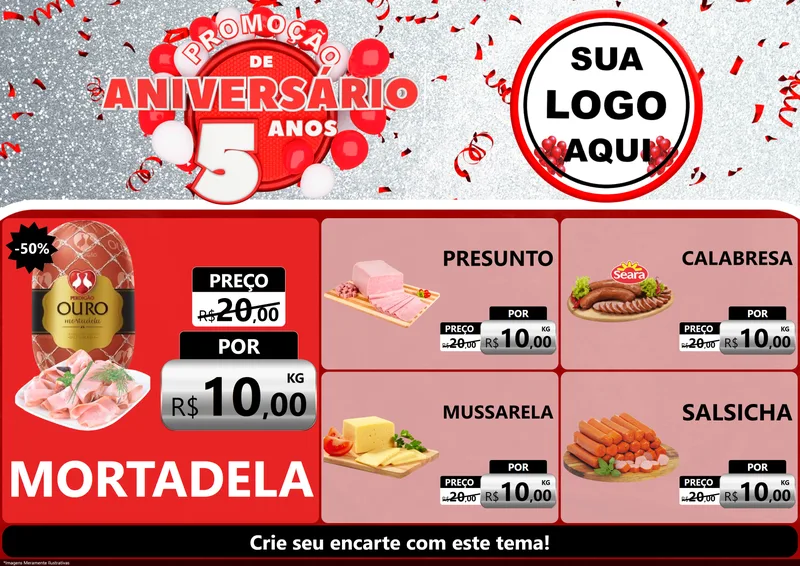Modelo de Encarte para Encarte A4 Horizontal com o tema Promoção de Aniversário - 5 Anos para Frios e Laticínios