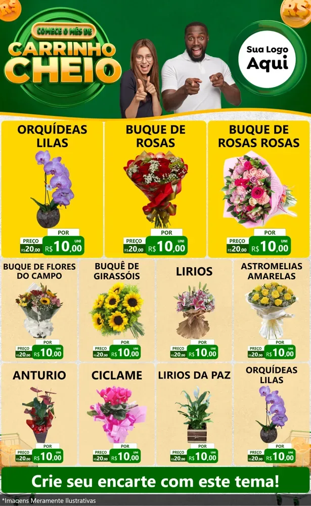 Modelo de Encarte para Encarte Grande com o tema Carrinho Cheio para Floricultura e jardim