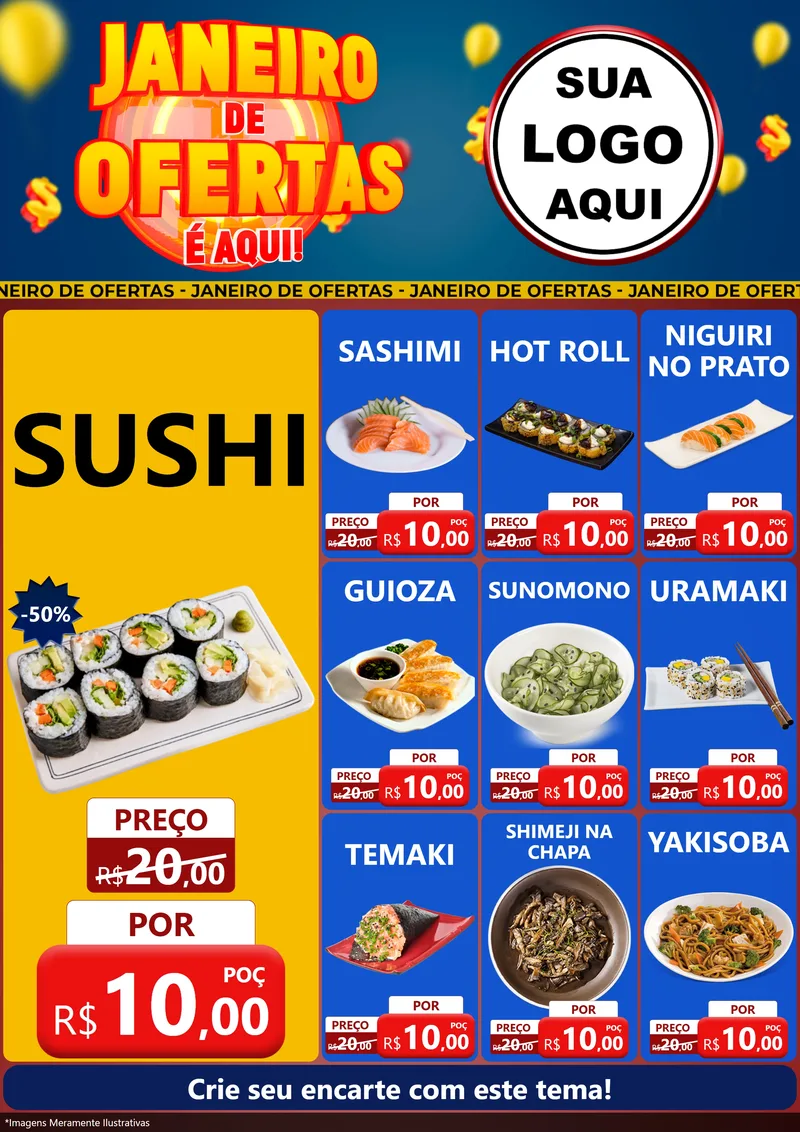 Modelo de Encarte para Encarte A4 Vertical com o tema Janeiro de Ofertas É Aqui! para Comida japonesa
