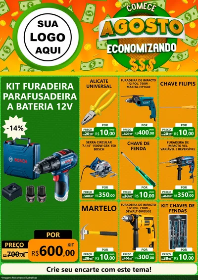 Modelo de Encarte para Encarte A4 Vertical com o tema Comece Agosto Economizando para Maquinas e Ferramentas