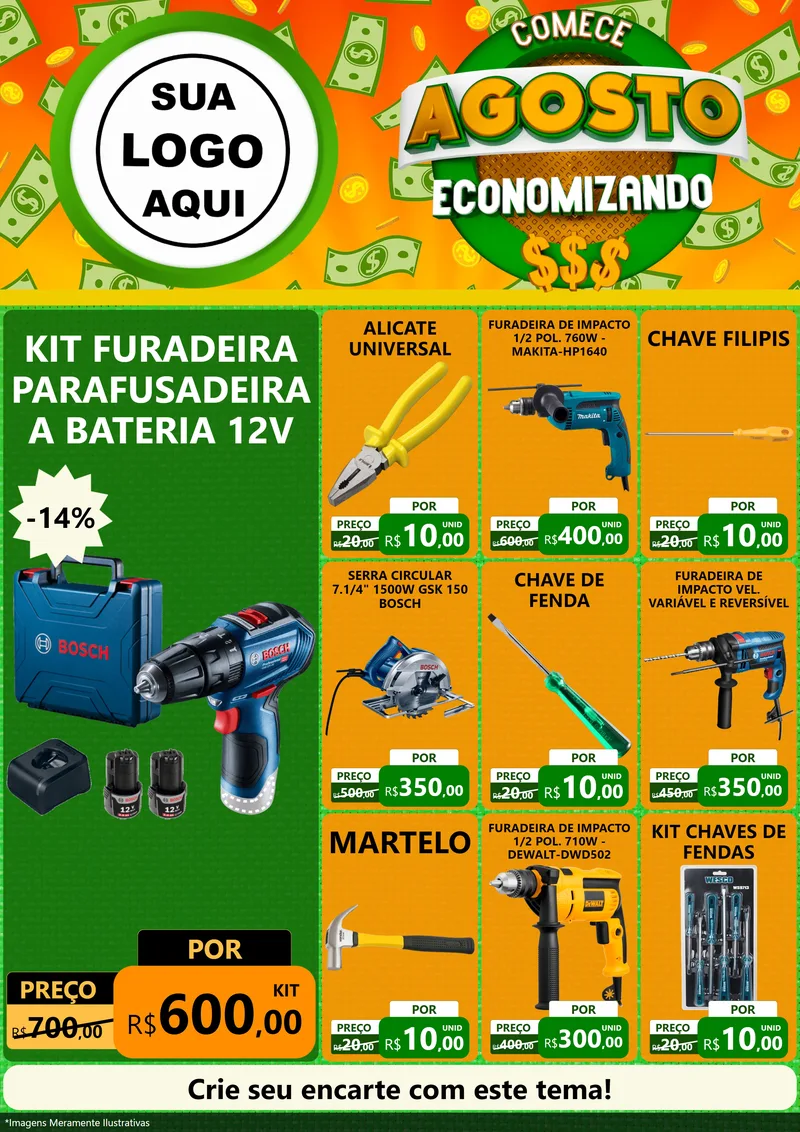 Modelo de Encarte para Encarte A4 Vertical com o tema Comece Agosto Economizando para Maquinas e Ferramentas