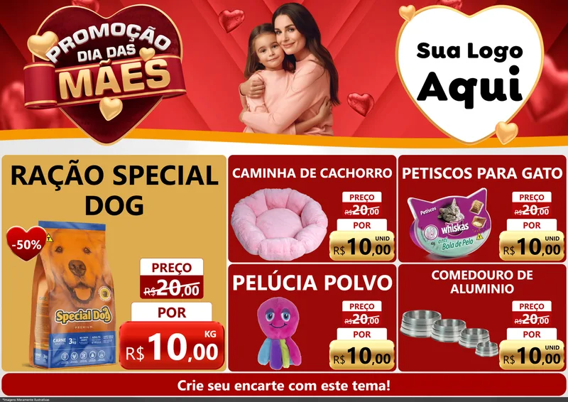 Modelo de Encarte para Encarte A4 Horizontal com o tema Promoção Dia das Mães para Pet Shop