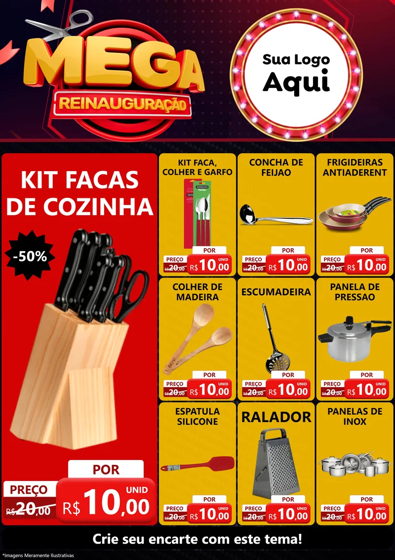 Modelo de Encarte para Encarte A4 Vertical com o tema Mega Reinauguração para Utilidades Domésticas