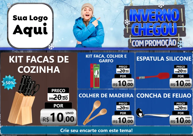 Modelo de Encarte para Encarte A4 Horizontal com o tema Inverno Chegou Com Promoção para Utilidades Domésticas