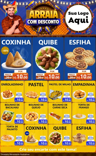 Modelo de Encarte para Encarte Grande com o tema Arraiá Com Desconto para Salgadaria