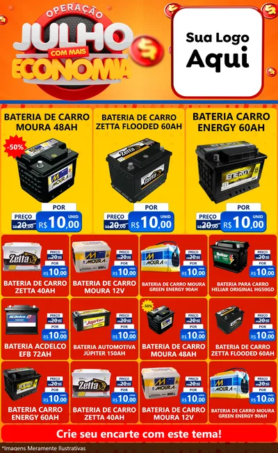 Modelo de Encarte para Encarte Grande com o tema Operação Julho Com Mais Economia para Baterias Elétricas