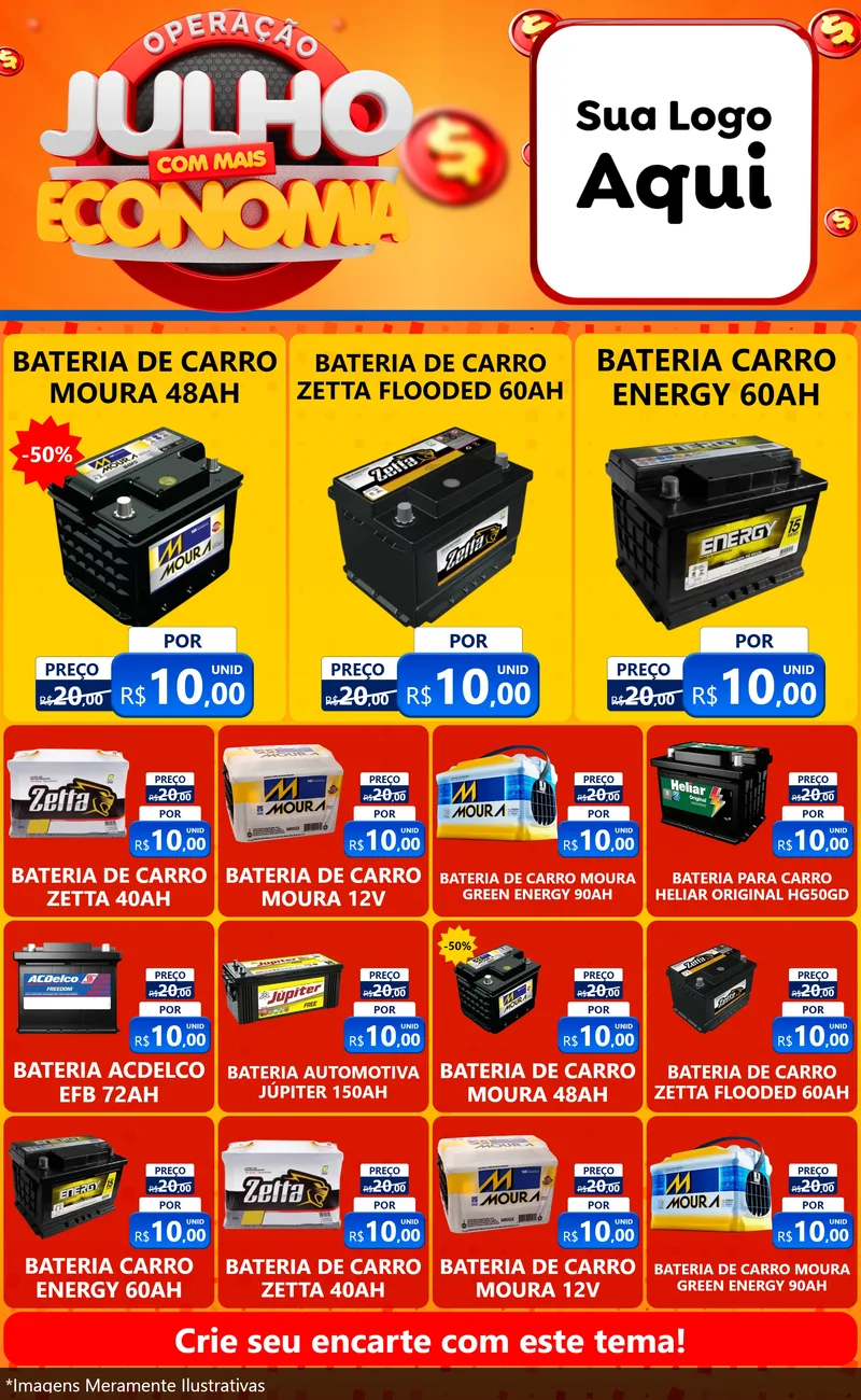 Modelo de Encarte para Encarte Grande com o tema Operação Julho Com Mais Economia para Baterias Elétricas