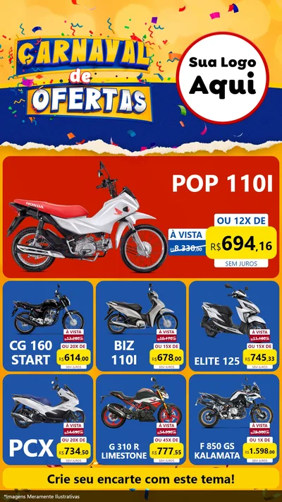 Modelo de Rede Social para Stories com o tema Carnaval de Ofertas para Concessionaria de Motos