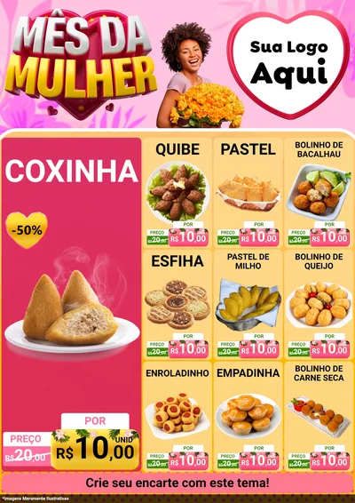 Modelo de Encarte para Encarte A4 Vertical com o tema Mês da Mulher para Salgadaria