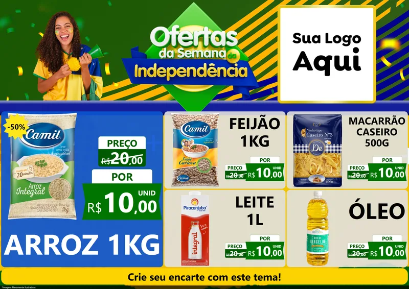 Modelo de Encarte para Encarte A4 Horizontal com o tema Ofertas da Semana da Independência para Supermercado