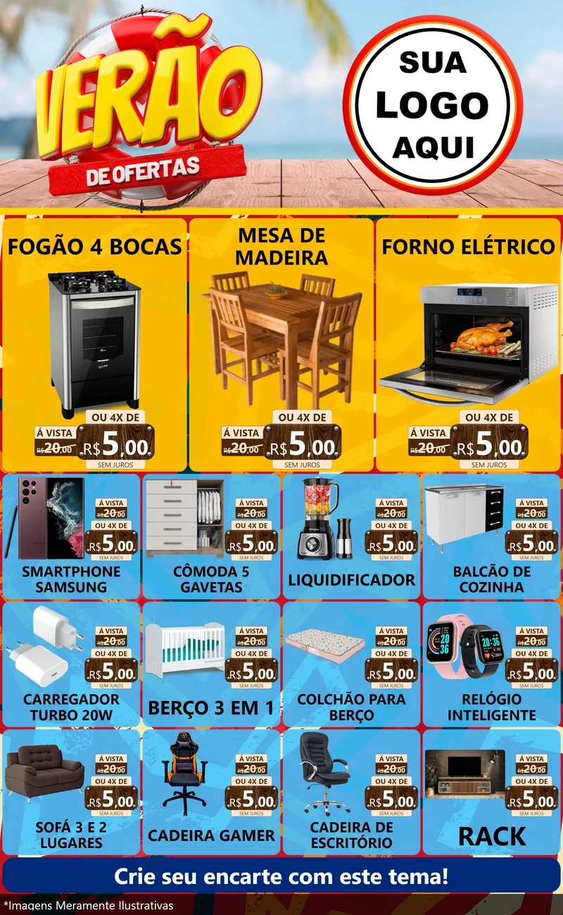 Modelo de Encarte para Encarte Grande com o tema Verão de Ofertas para Móveis e Eletro