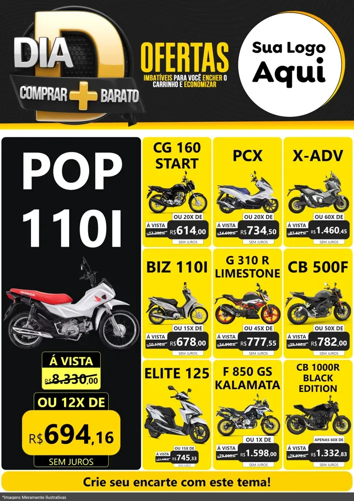 Modelo de Encarte para Encarte A4 Vertical com o tema Dia D Mais Economia para Concessionaria de Motos