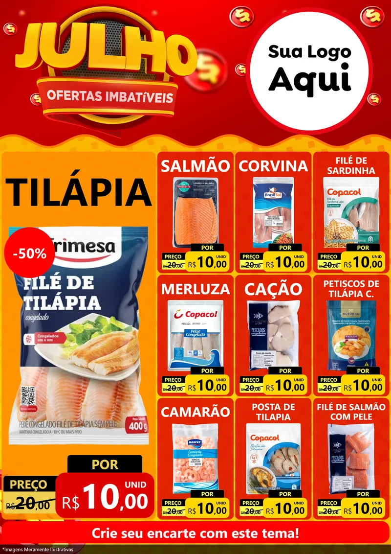 Modelo de Encarte para Encarte A4 Vertical com o tema Julho Ofertas Imbatíveis para Peixaria