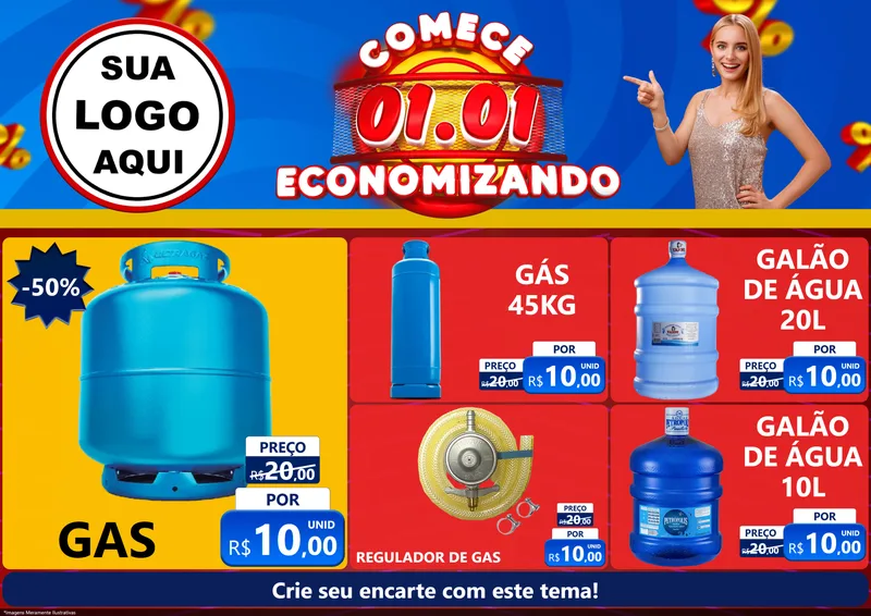 Modelo de Encarte para Encarte A4 Horizontal com o tema Comece 1º de Janeiro Economizando para Água e gás