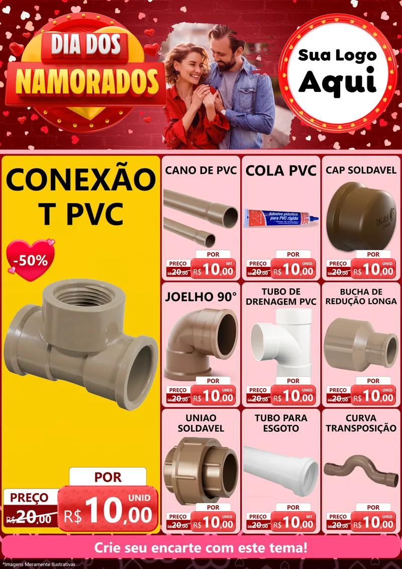 Modelo de Encarte para Encarte A4 Vertical com o tema Dia Dos Namorados para Tubos e conexões