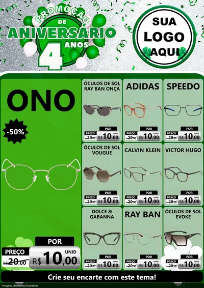 Modelo de Encarte para Encarte A4 Vertical com o tema Promoção de Aniversário - 4 Anos para Óticas