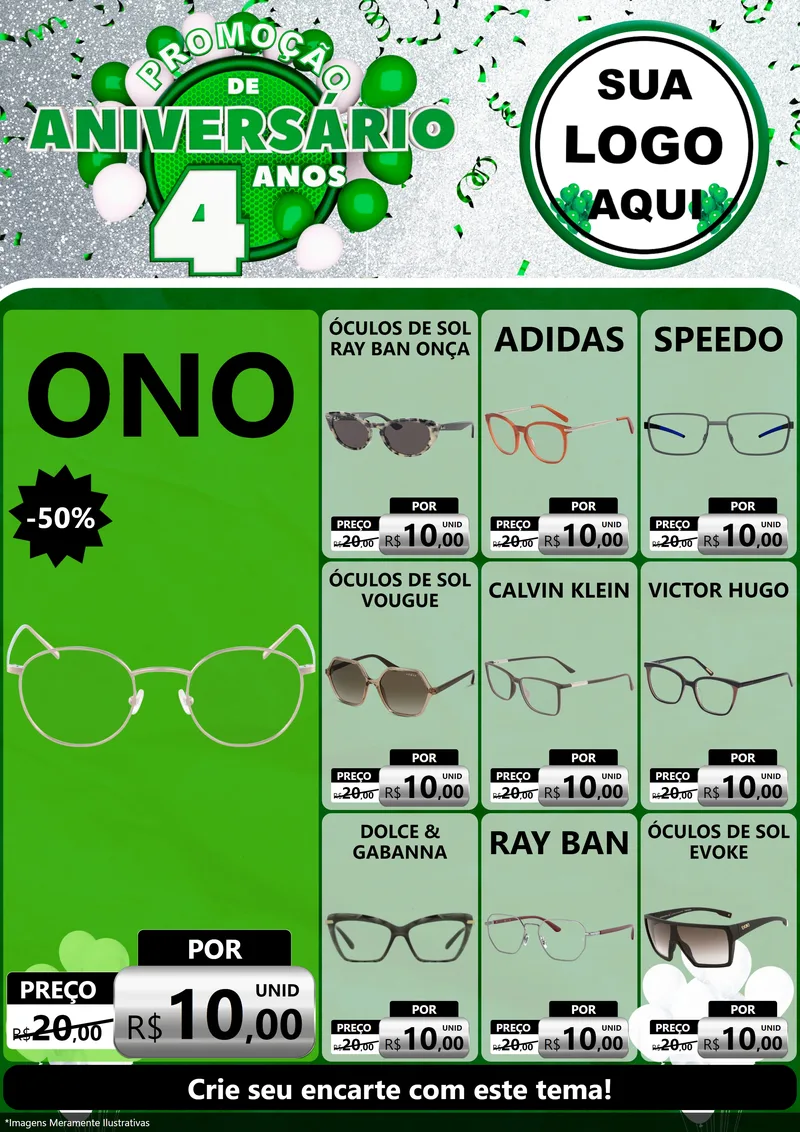 Modelo de Encarte para Encarte A4 Vertical com o tema Promoção de Aniversário - 4 Anos para Óticas