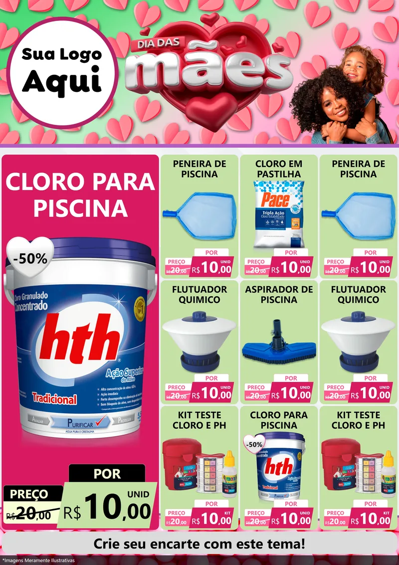 Modelo de Encarte para Encarte A4 Vertical com o tema Dia das Mães para Produtos para Piscina