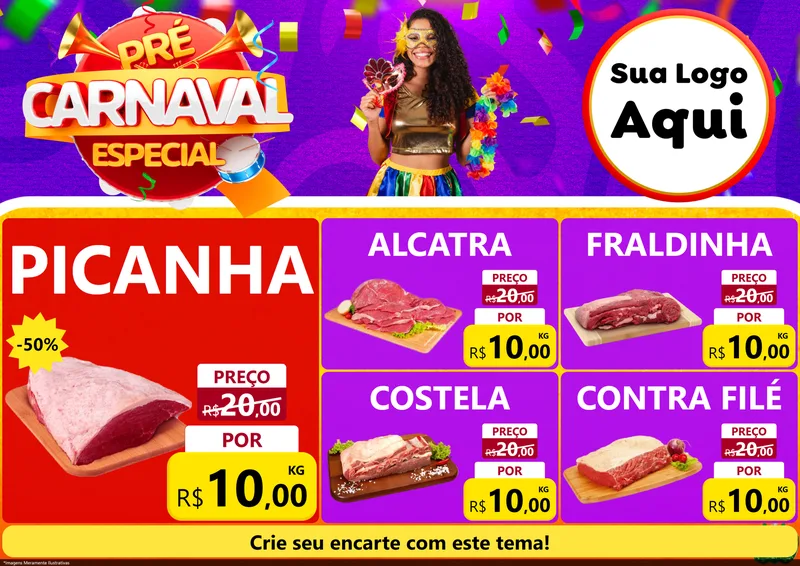 Modelo de Encarte para Encarte A4 Horizontal com o tema Pré-Carnaval Especial para Açougue