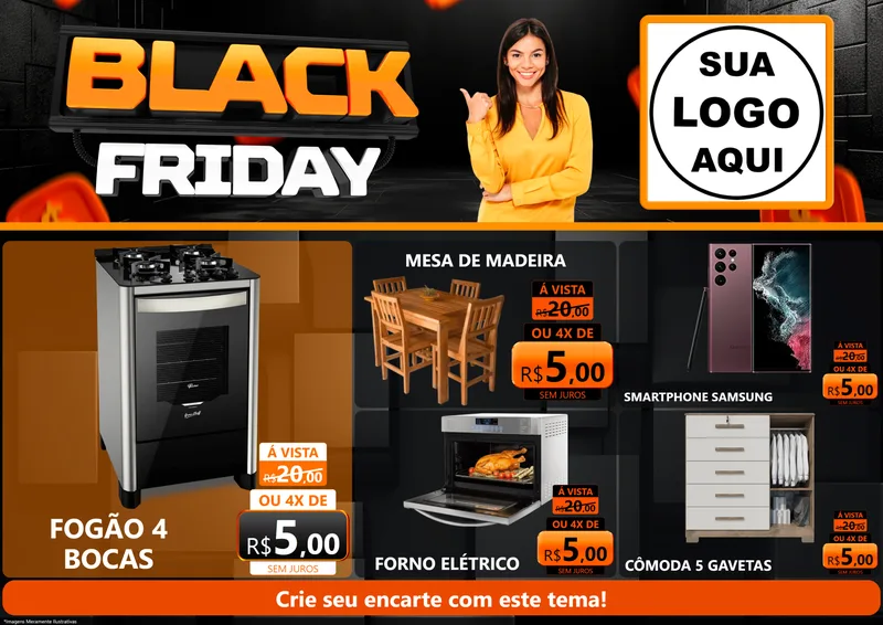 Modelo de Encarte para Encarte A4 Horizontal com o tema Black Friday para Móveis e Eletro